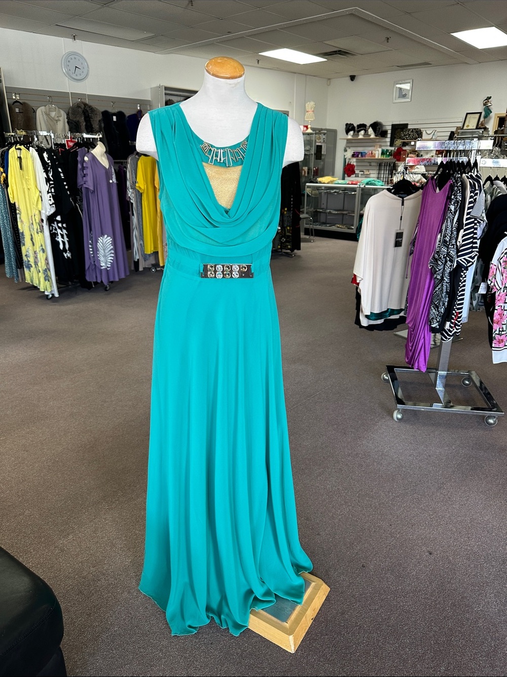 Sleeveless Teal Cowl-Neck Maxi Dress with Decorative Belt size , S, M , L
